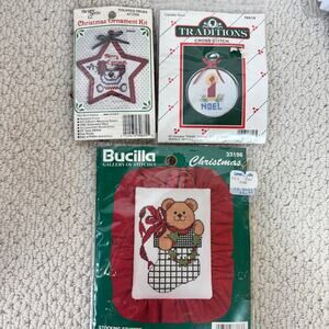 Christmas Cross Stitch Ornament Lot: 2 Mini Ornaments in Frames & 1 Pillow NOS